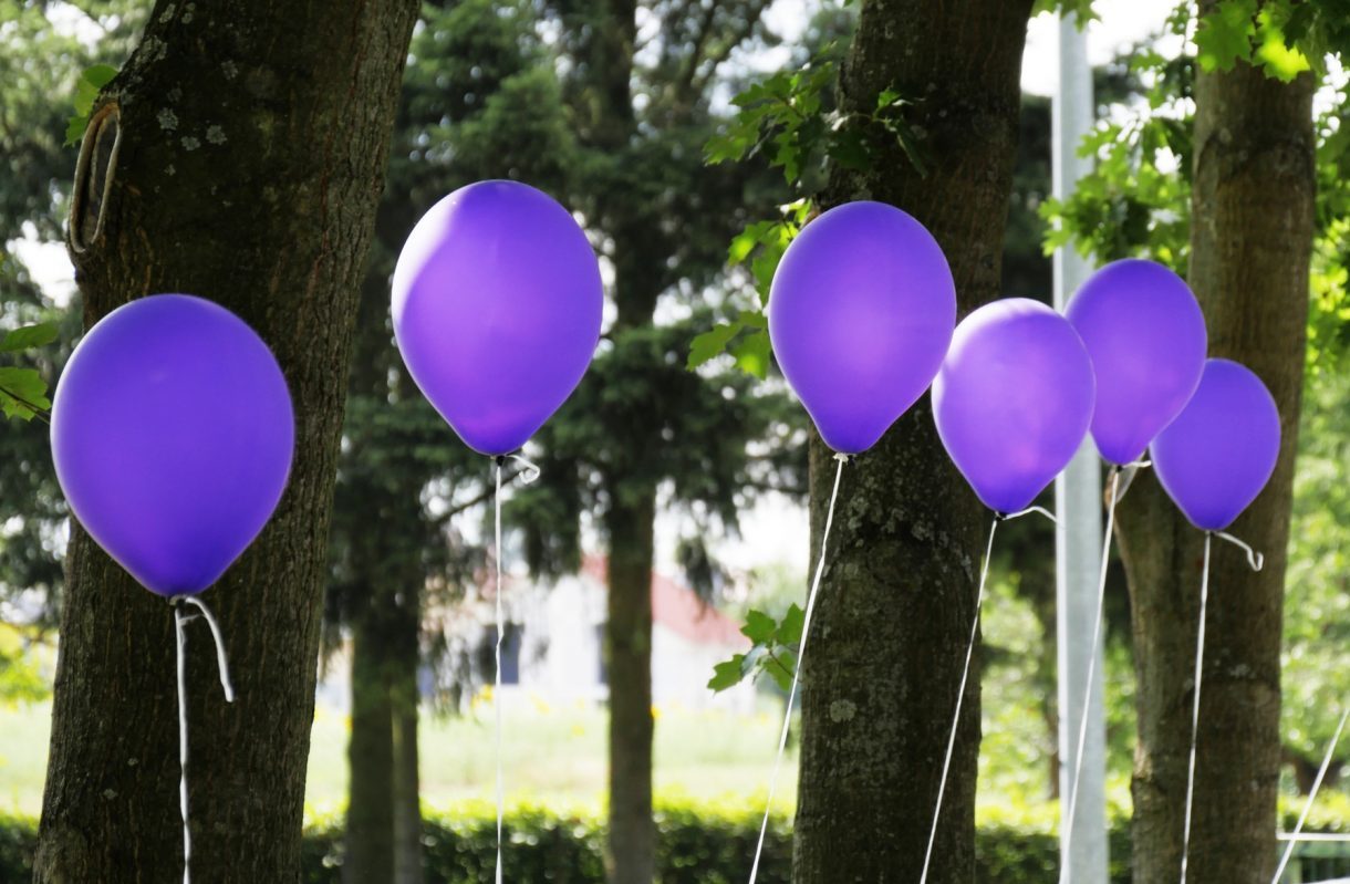 Purple balloons in a park