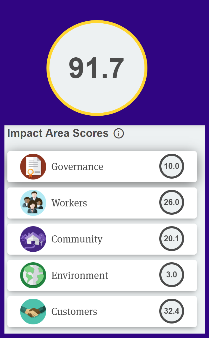 A chart of Matter of Focus's Certified B Corp impact score breakdown