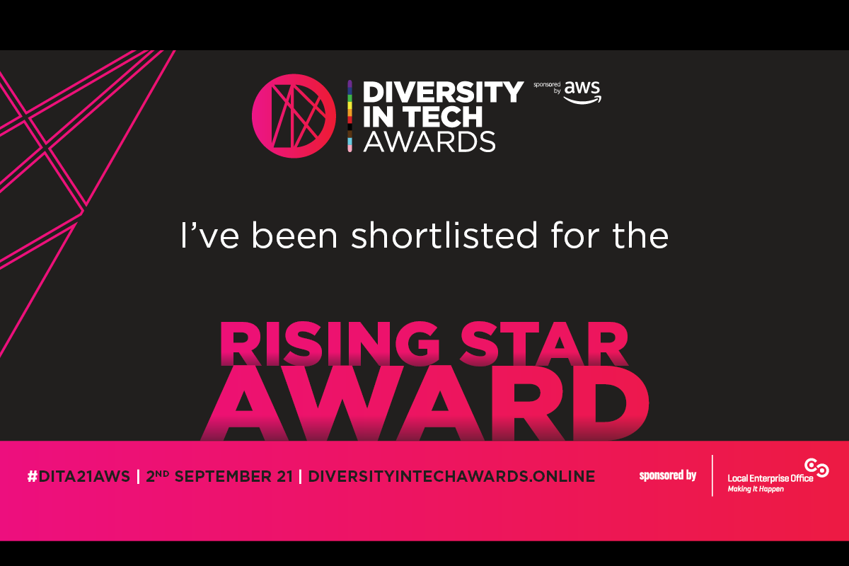 Text reads Diversity in Tech Awards I've been shortlisted for the Rising Star Award